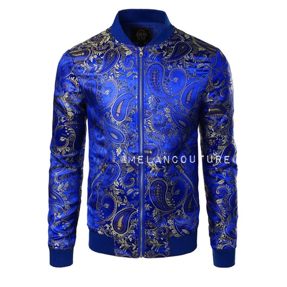 Other - Royal Blue Paisley Embroidered Satin Bomber Jacket